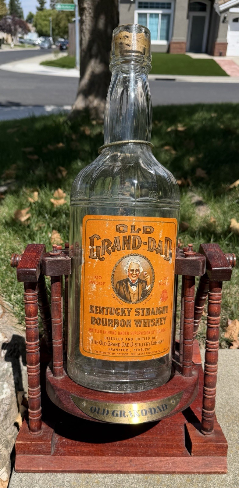 Vintage Old Grand-Dad 1 Gallon Bourbon Bottle Wooden Cradle Stand Empty 1960s