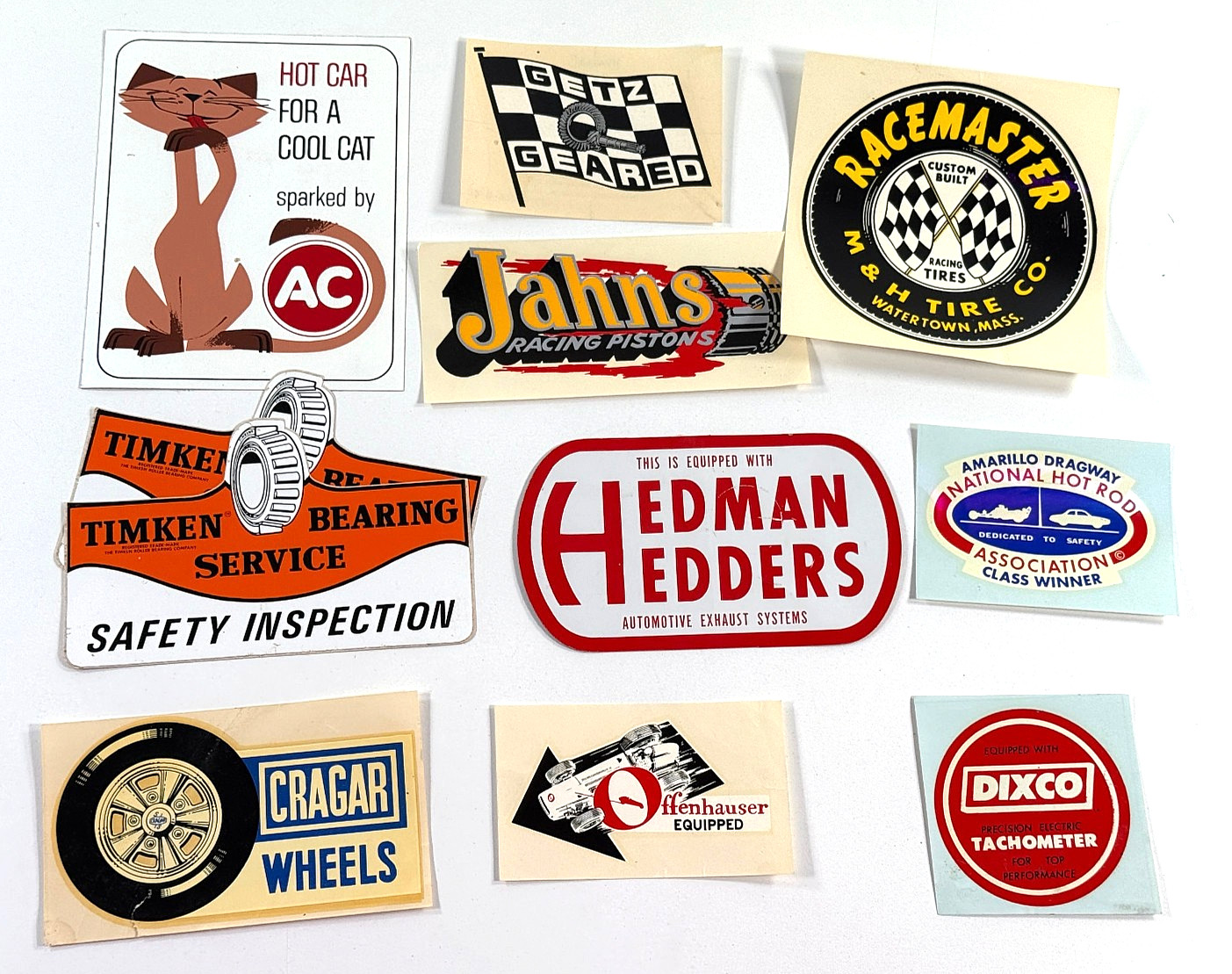 vtg Automotive Sticker Lot (x11) hot rod AC Timken Hedman Cragar Dixco Getz Jahn vtg Automotive Sticker Lot (x11) hot rod AC Timken Hedman Cragar Dixco Getz Jahn