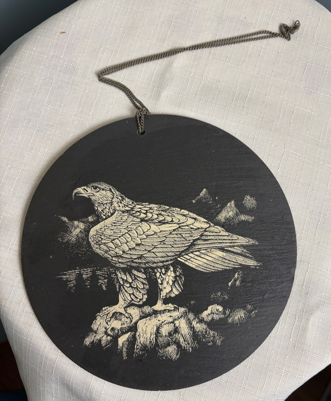 Vintage Round Perched Bald Eagle Bird Slate Hanging Wall Plaque Decor