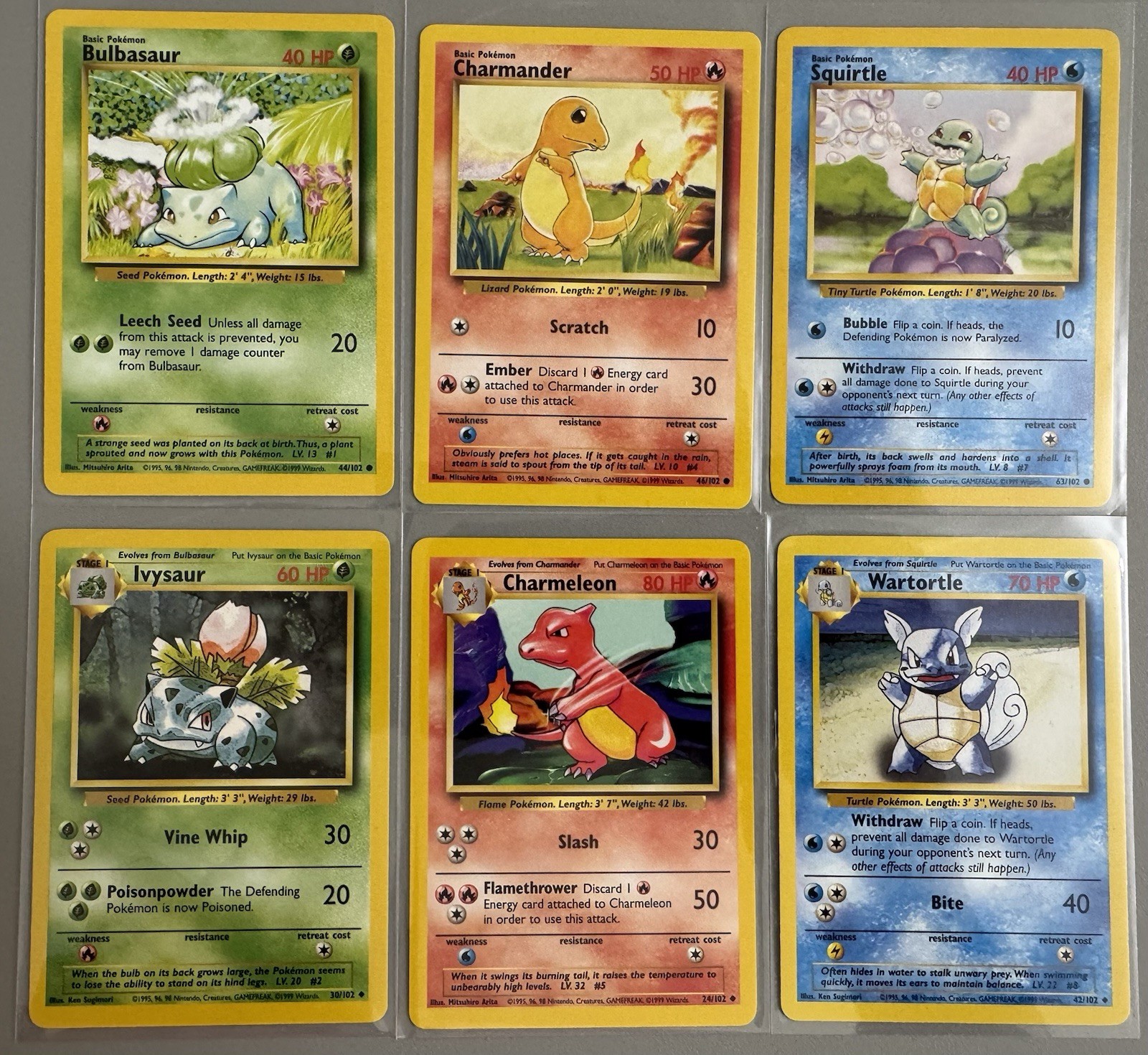 VINTAGE Lot of 6 - 1999 Pokemon Base Set - Charmander Bulbasaur Squirtle
