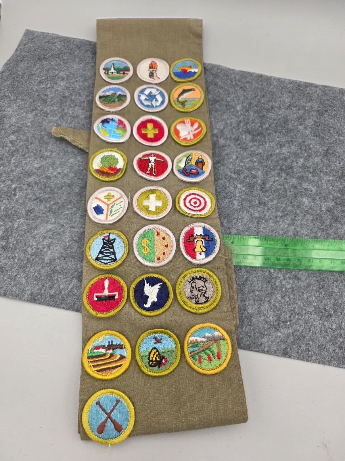 Vintage Boy Scouts of America Merit Badge Sash Lot 25 BSA Badges 1960s-70s