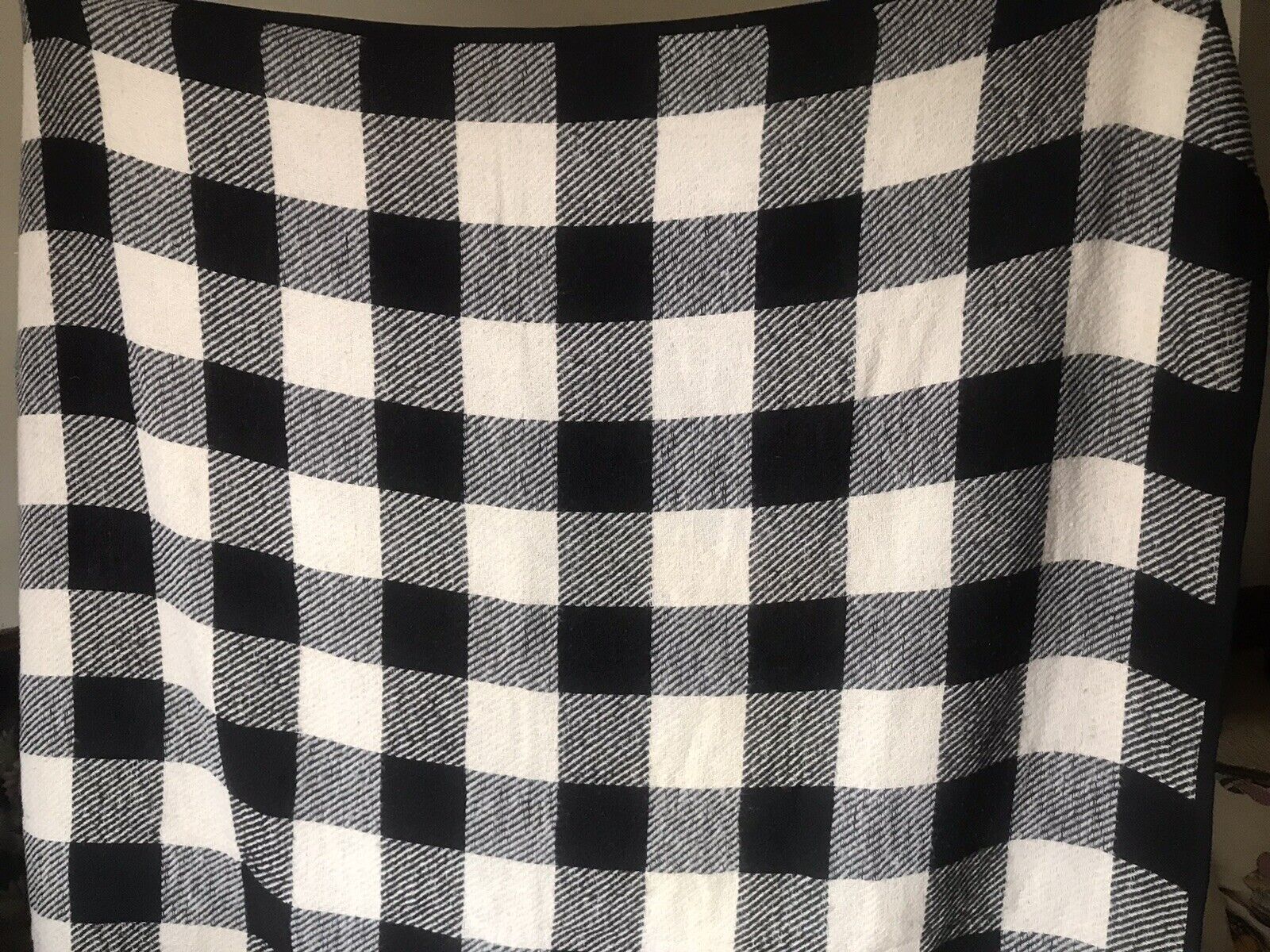 Vintage 1992 Herman Miller Black Checkered Plaid Wool Blanket RARE 73” X 63” #1