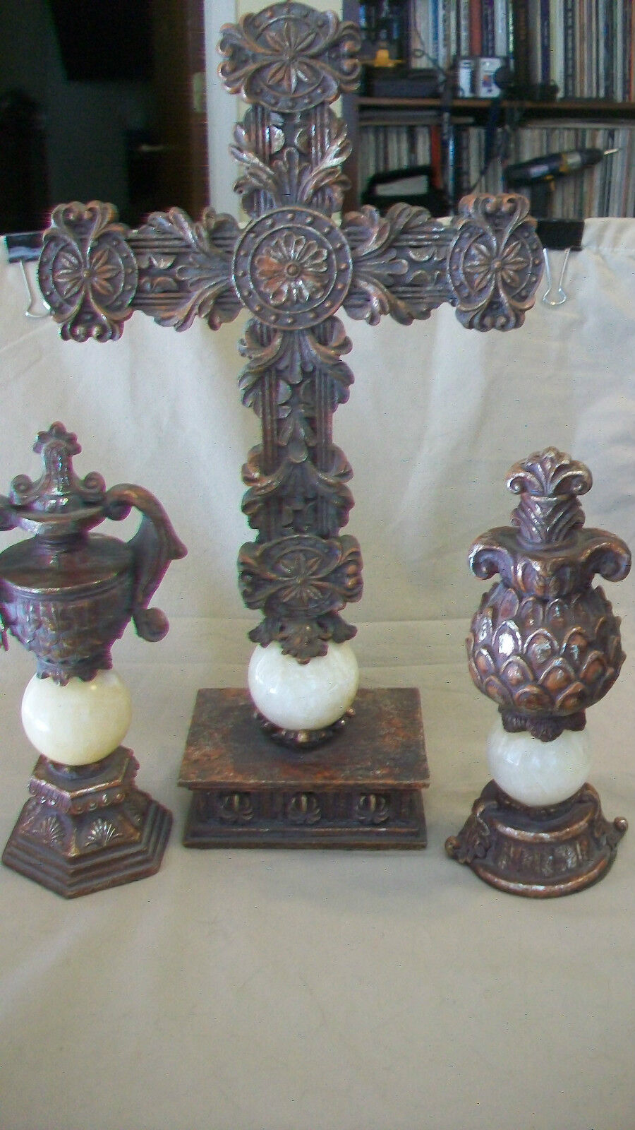 DECORATIVE RESIN CROSS WITH TWO SIDE PIECES, ANTIQUED FINISH RESIN, UNIQUE