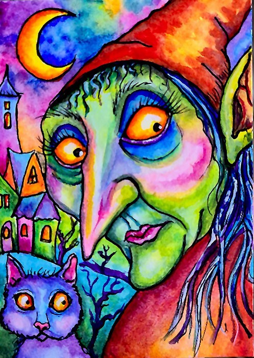 ACEO Original Painting OOAK - Witch And Cat - Cat - Bartshe