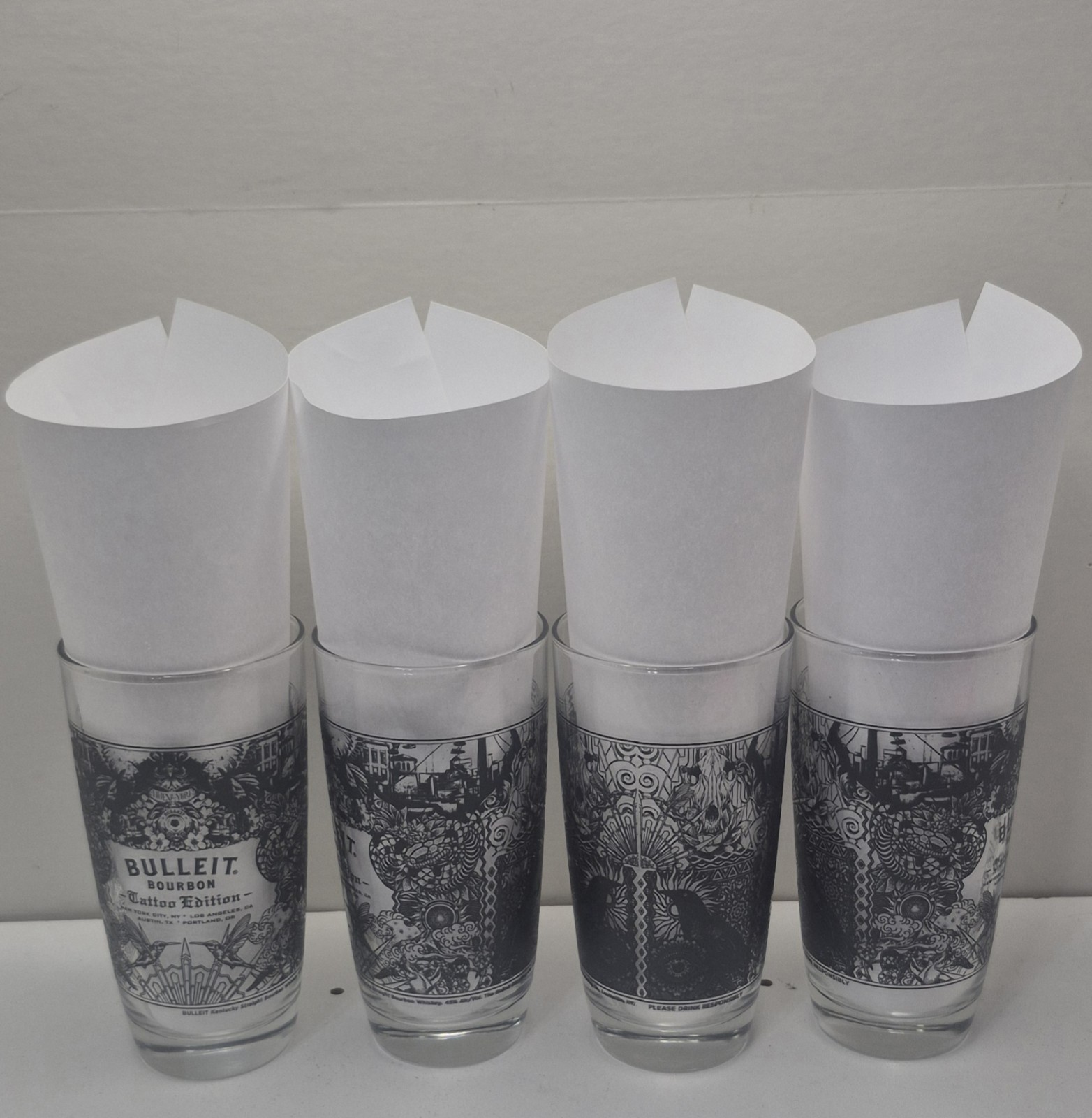 Rare 4 Bulleit Bourbon Tattoo Edition Frontier Whiskey Jess Mascetti Glasses