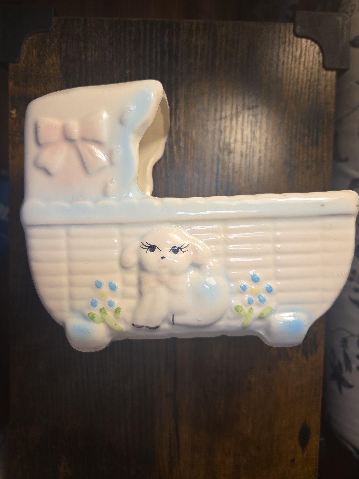 Vintage Rubens Japan Ceramic Baby Bassinet Cradle Planter Lamb Blue Flower 3896