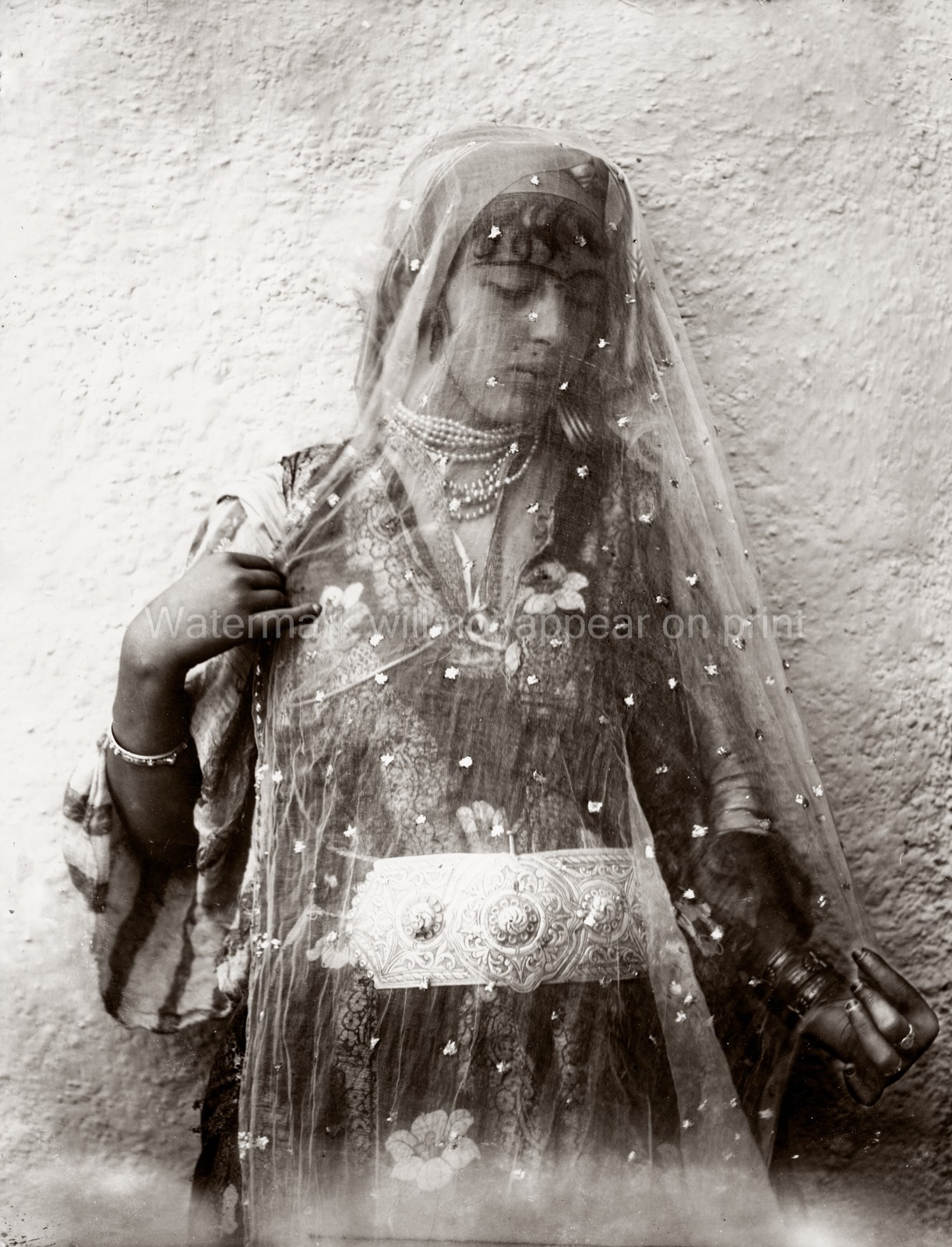 North Africa Algerian Woman Traditional Dress Veil Jewelry Vtg. Photo 19thC.