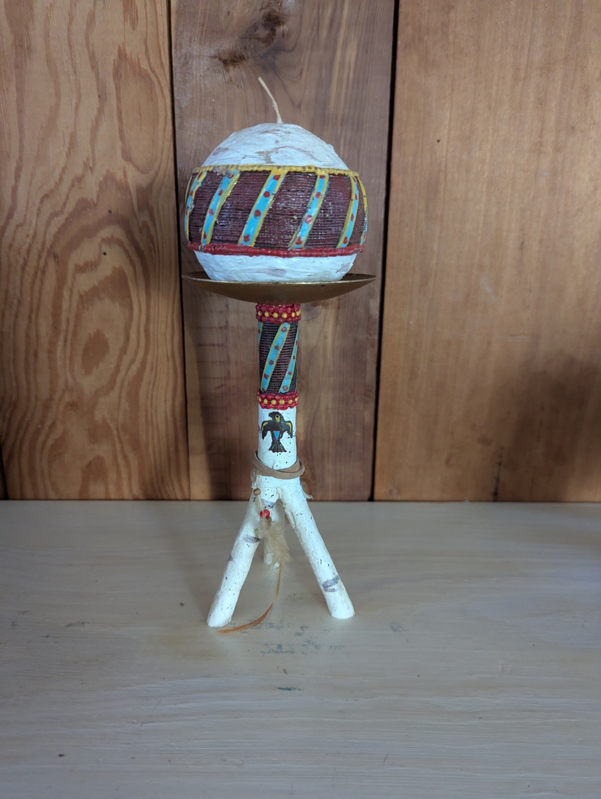 Native American Candle With Holder Thunderbird Faux Birchwood Brass Feathers
