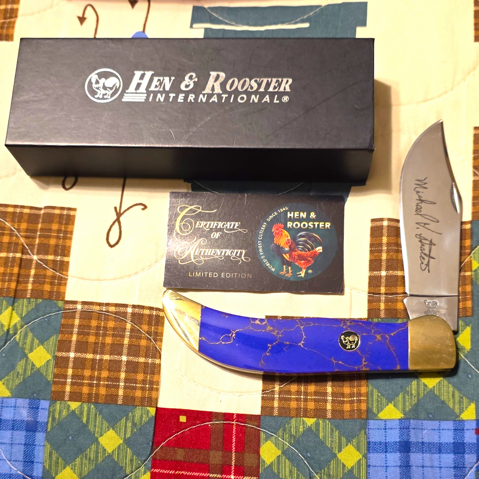 Hen & Rooster HR1341FRM Blue/Gold Brass Handle SS Plain Clip Slipjoint