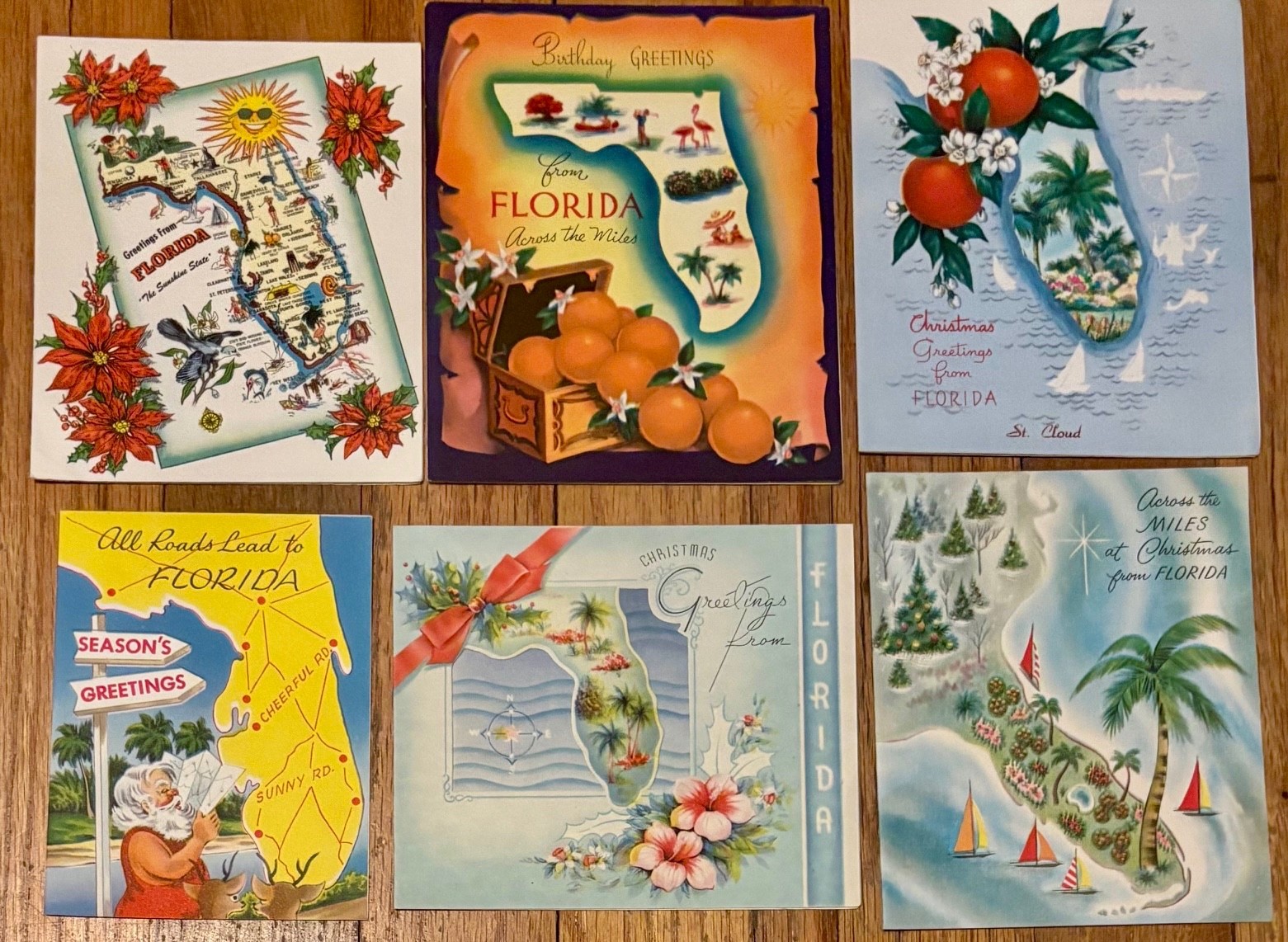 6 Vintage 1940s-50s Florida Theme Christmas Greeting Cards BEAUTIFUL Graphics