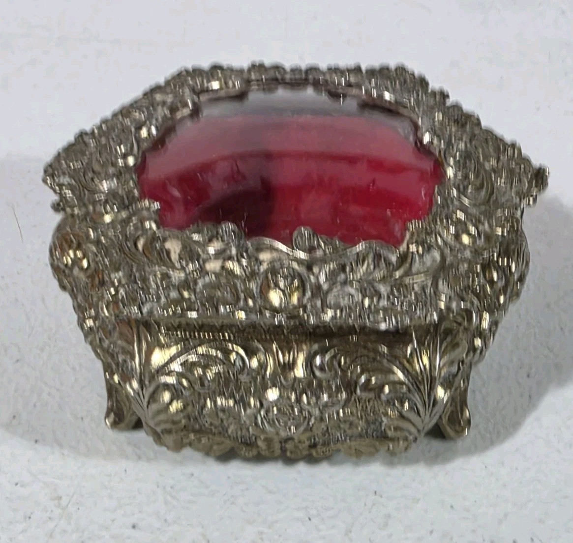 VTG Ornate Gold Silver Tone Jewelry Trinket Box Beveled Glass Red Velvet Roses 