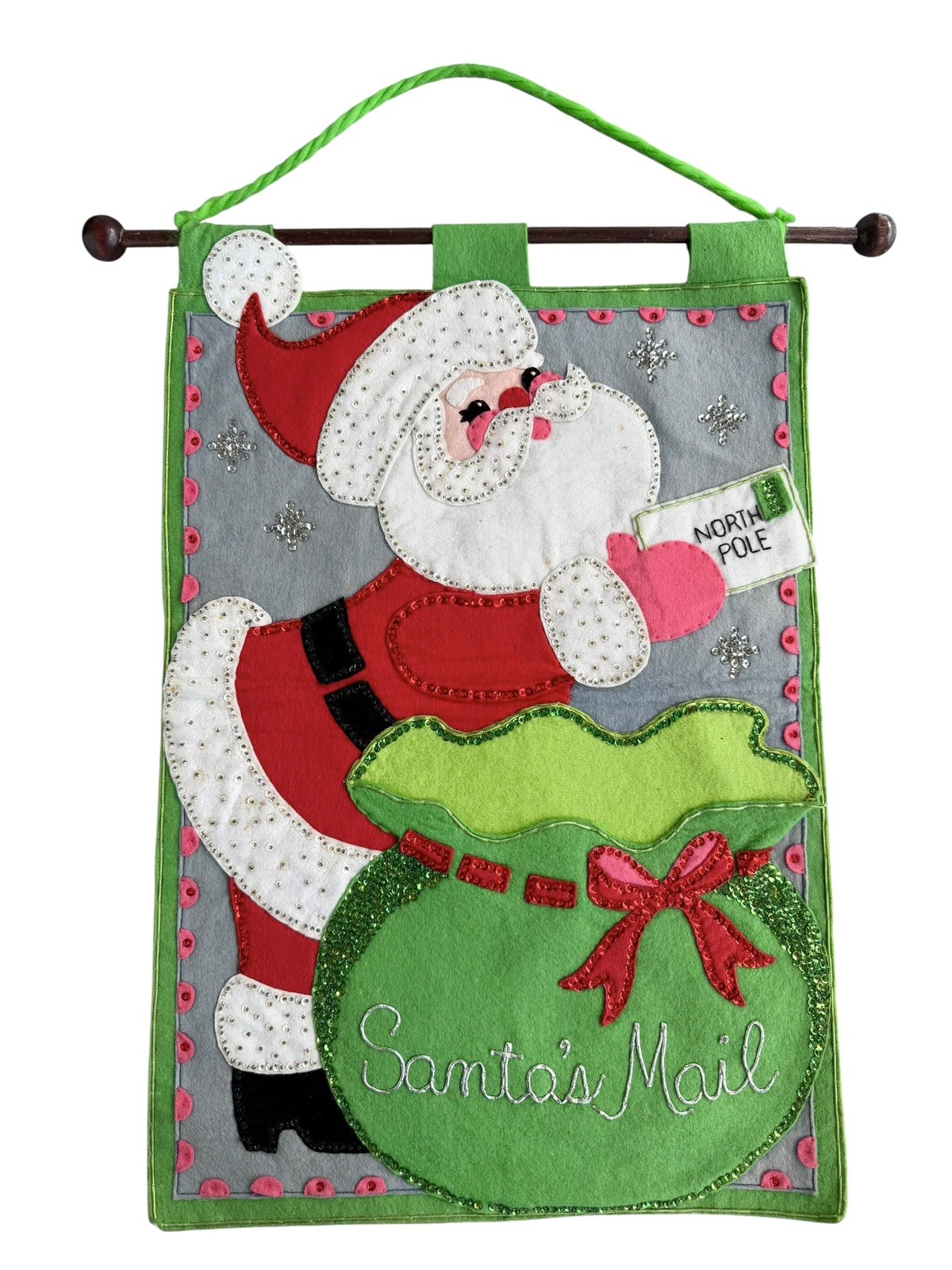 VTG Bucilla Santa Toy Bag Christmas Mail Card Holder Wall Hanging Felt Sequins 