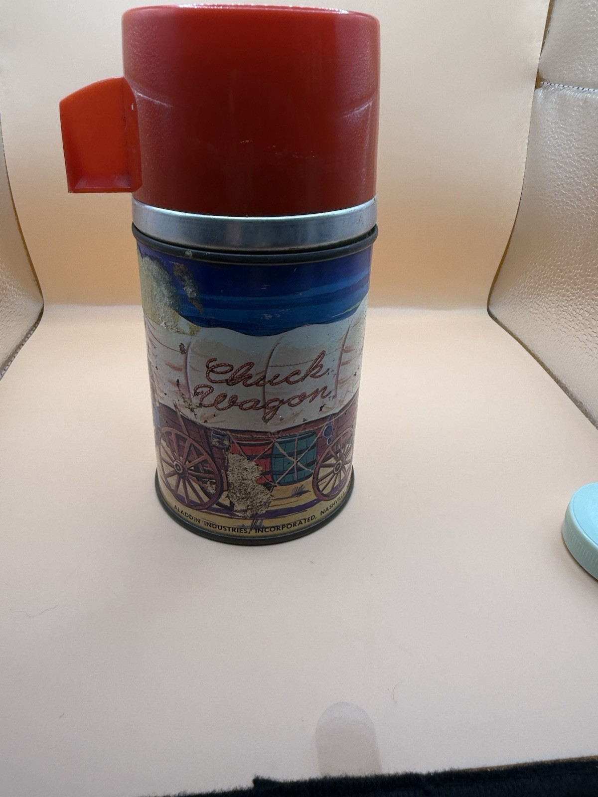 1958 Aladdin Chuck Wagon Half Pint Thermos Red Cup Western Cowboy Glass Liner