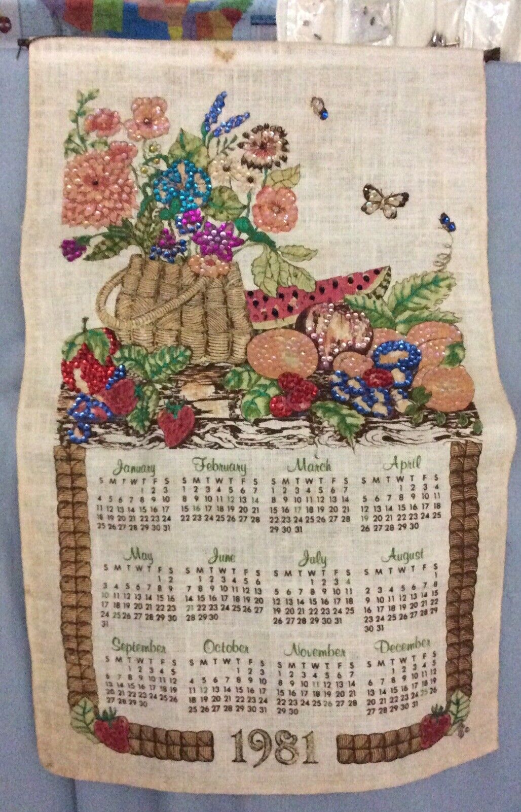 Vintage 12 Month Linen Cloth Kitchen Calendar 1981 Sequin Harvest Fruit & Flower