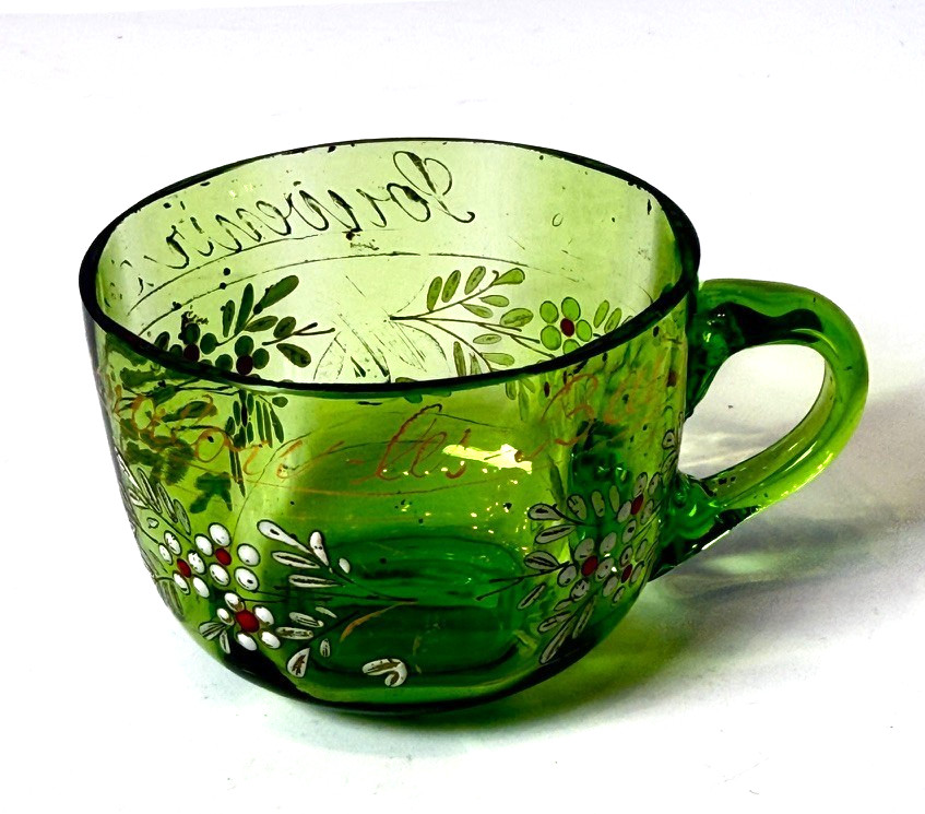 Lamalou Bains FRANCE Depression GREEN Glass Souvenir TRINKET TEA Cup