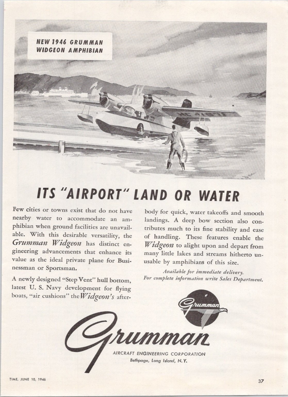 Grumman 1946 Widgeon Amphibian Plane Vintage Print Ad
