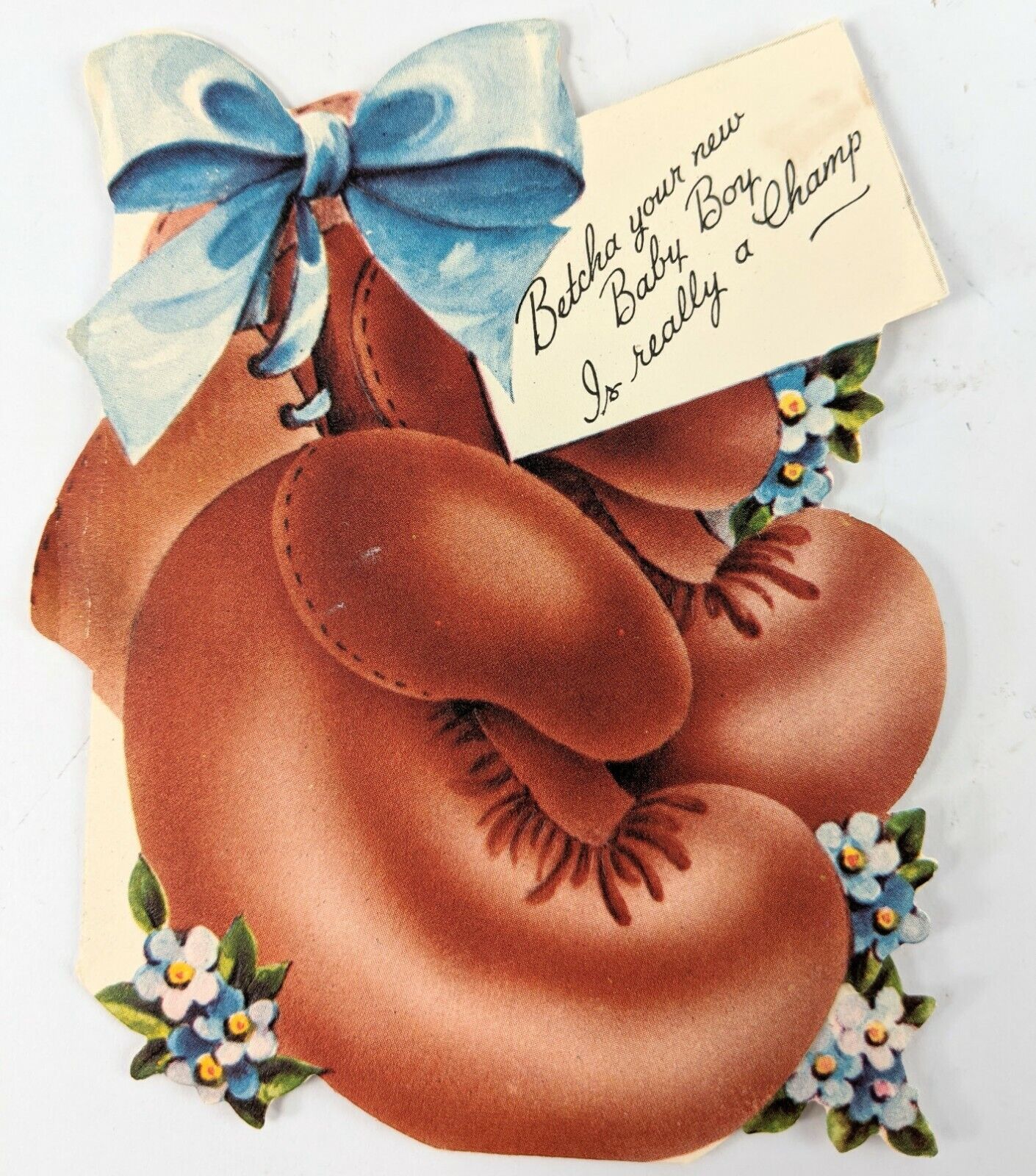 Vtg Gibson Greeting Card New Baby Boy Congrats Boxing Gloves Champ 1950s