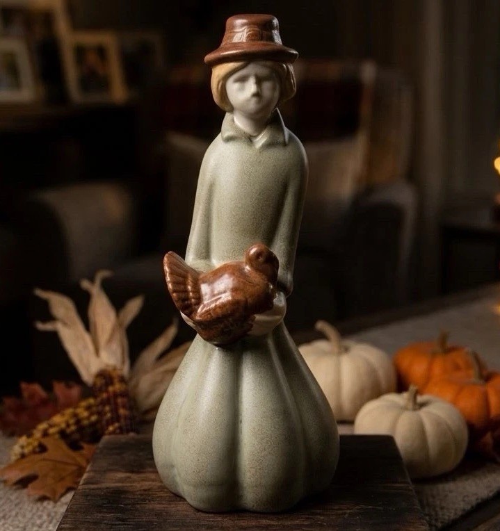 Vintage PIER 1 Thanksgiving Pilgrim Figurine 1970s Ceramic Folk Art Turkey Boy
