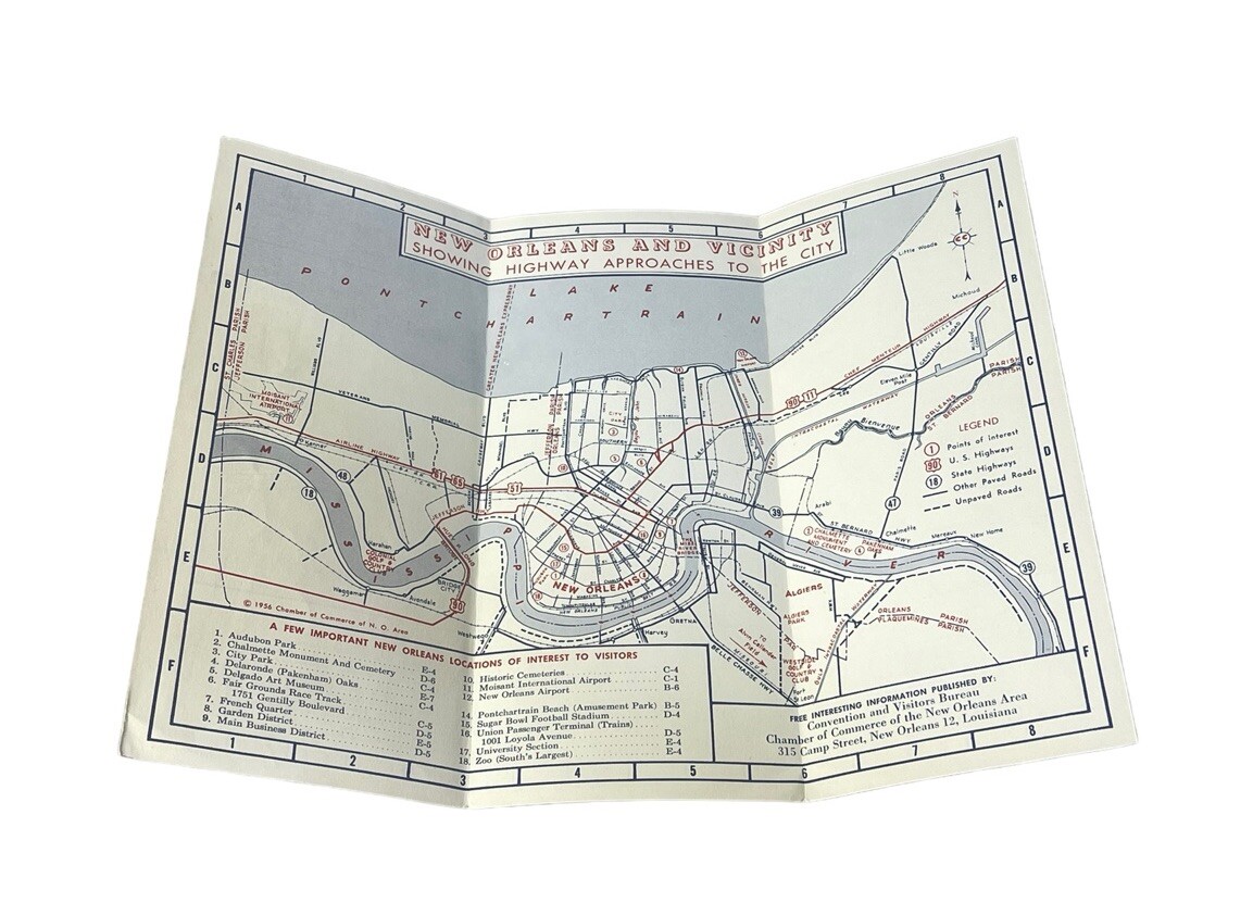 Vintage 1956 New Orleans & Vicinity Showing Highway Approaches To The City Map