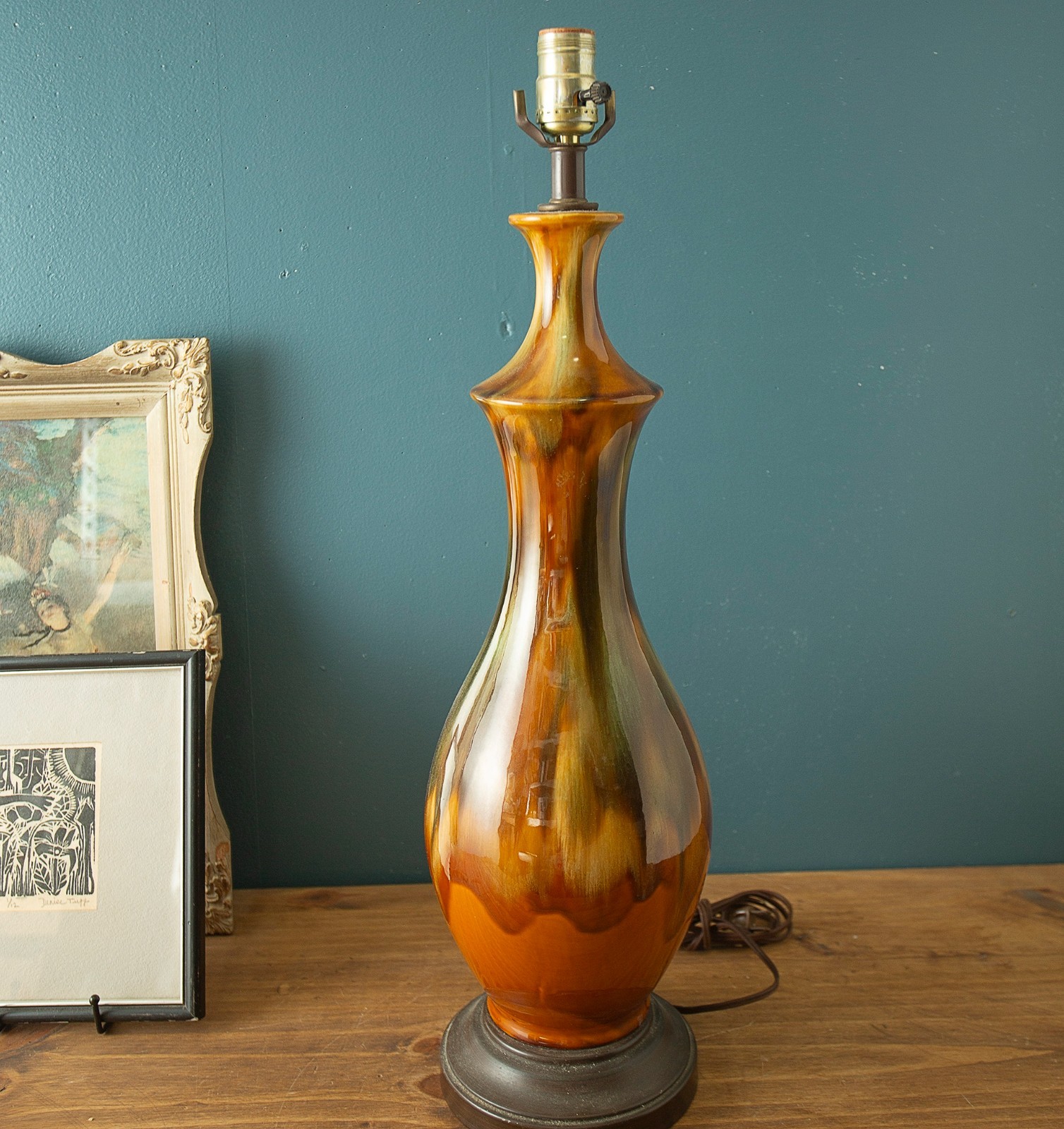 VTG Lava Glaze Drip Table Lamp MCM Ceramic