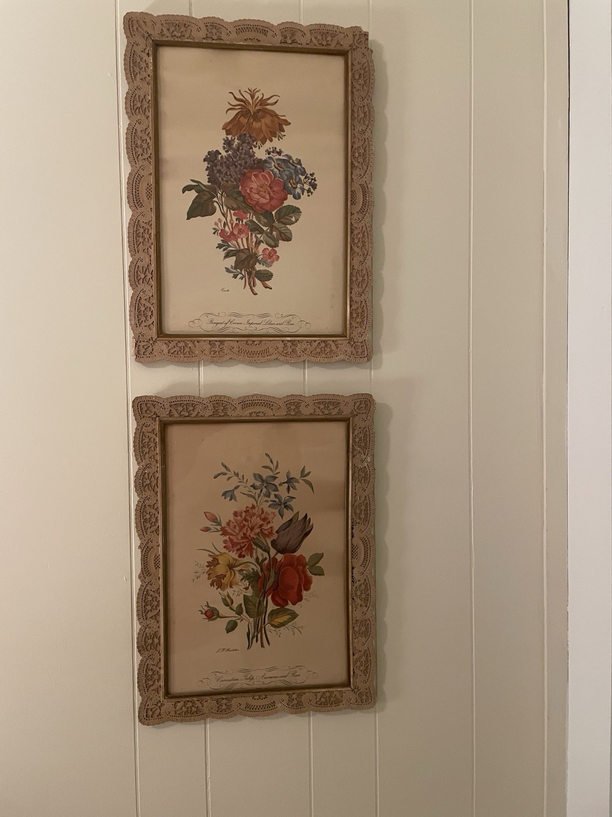Vintage Botanical Floral Prints Pair Ornate Carved Wood Frames Cottage Decor