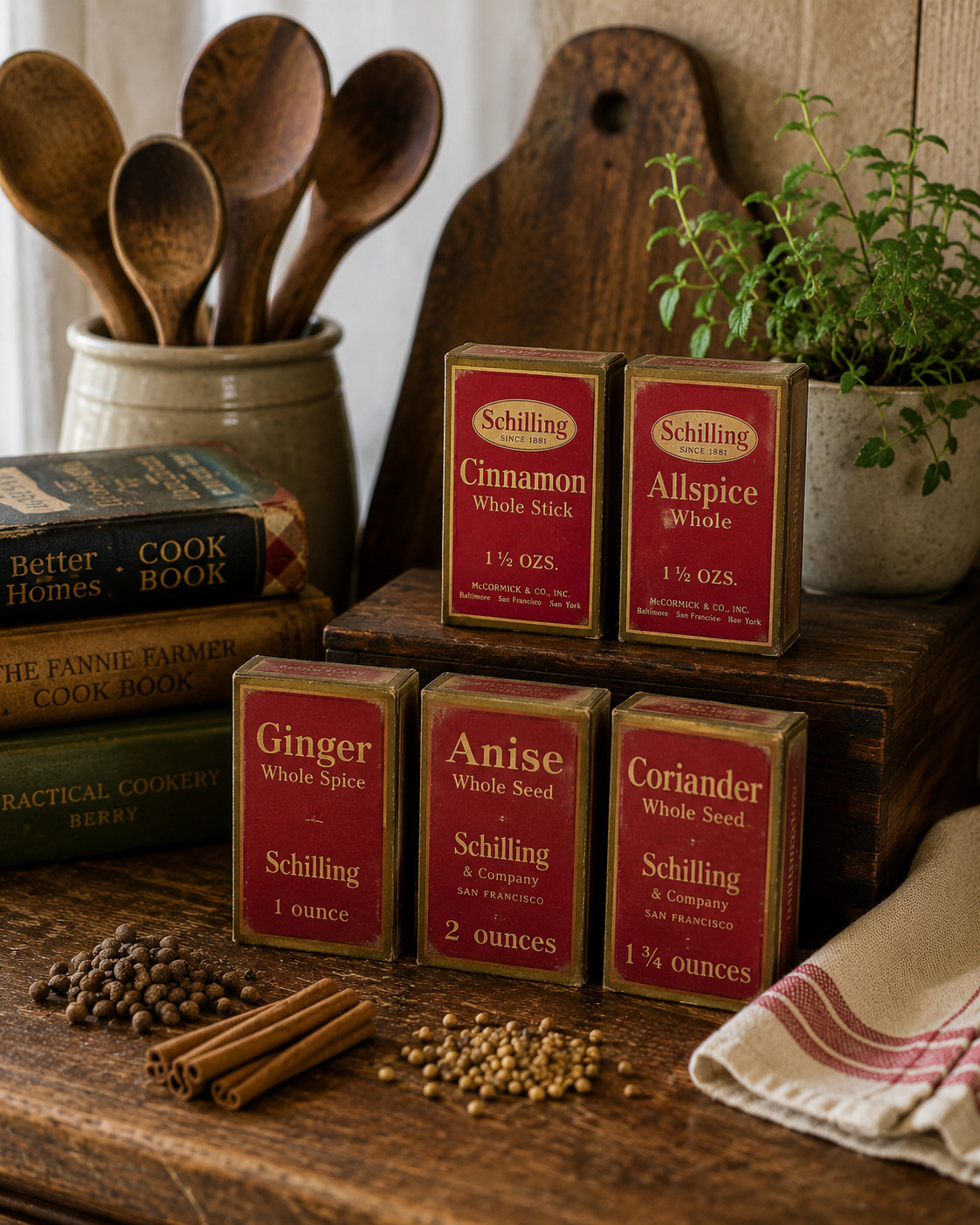 Vintage Schilling Spice Boxes Lot of 5 Original Contents Primitive Kitchen Displ