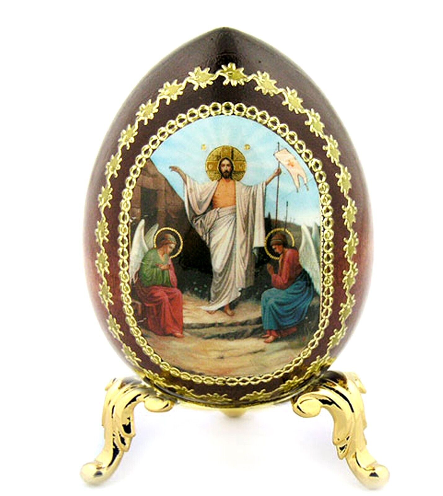 Resurrection of Christ Jesus Icon Egg Wooden Catholic Orthodox W Gold Stand