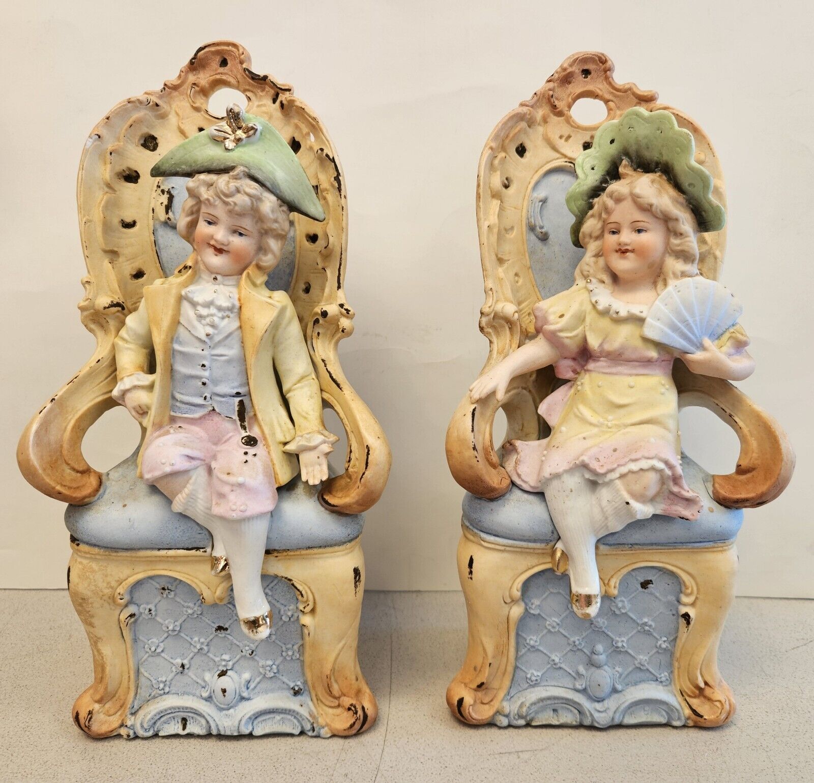 Antique Victorian Porcelain Pair GIRL & BOY ON CHAIRS Figurines Statues GERMANY