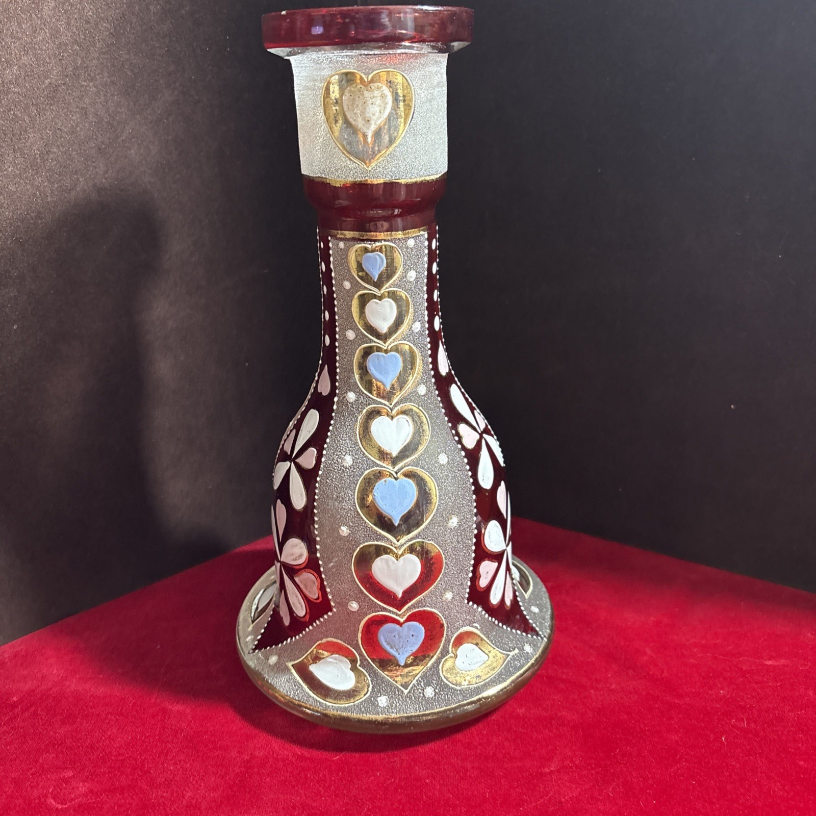 VINTAGE BOHEMIAN RUBY GLASS HOOKAH BASE VASE HAND PAINTED GOLD HEARTS 11\