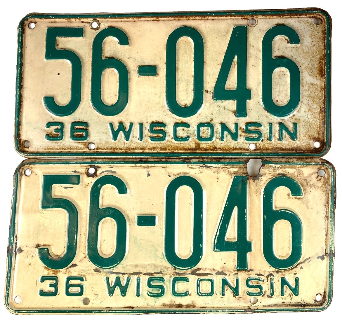 Vintage Wisconsin 1936 Auto License Plate Set Pair 56-046 Garage Man Cave Decor