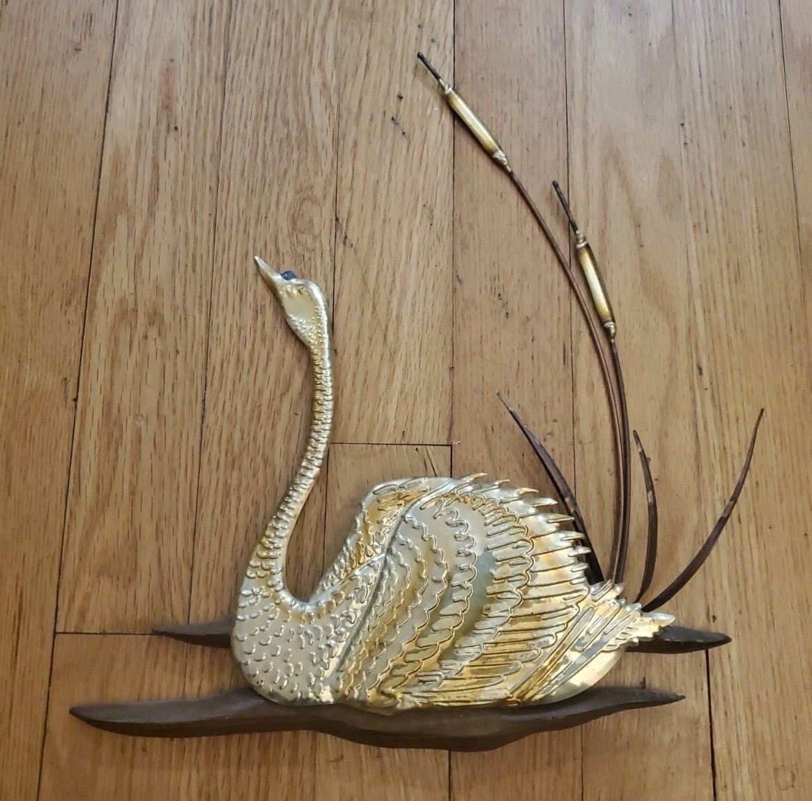Vintage Swan Bird with Cattails Brass Copper and Wood MCM Wall Art Decor Single