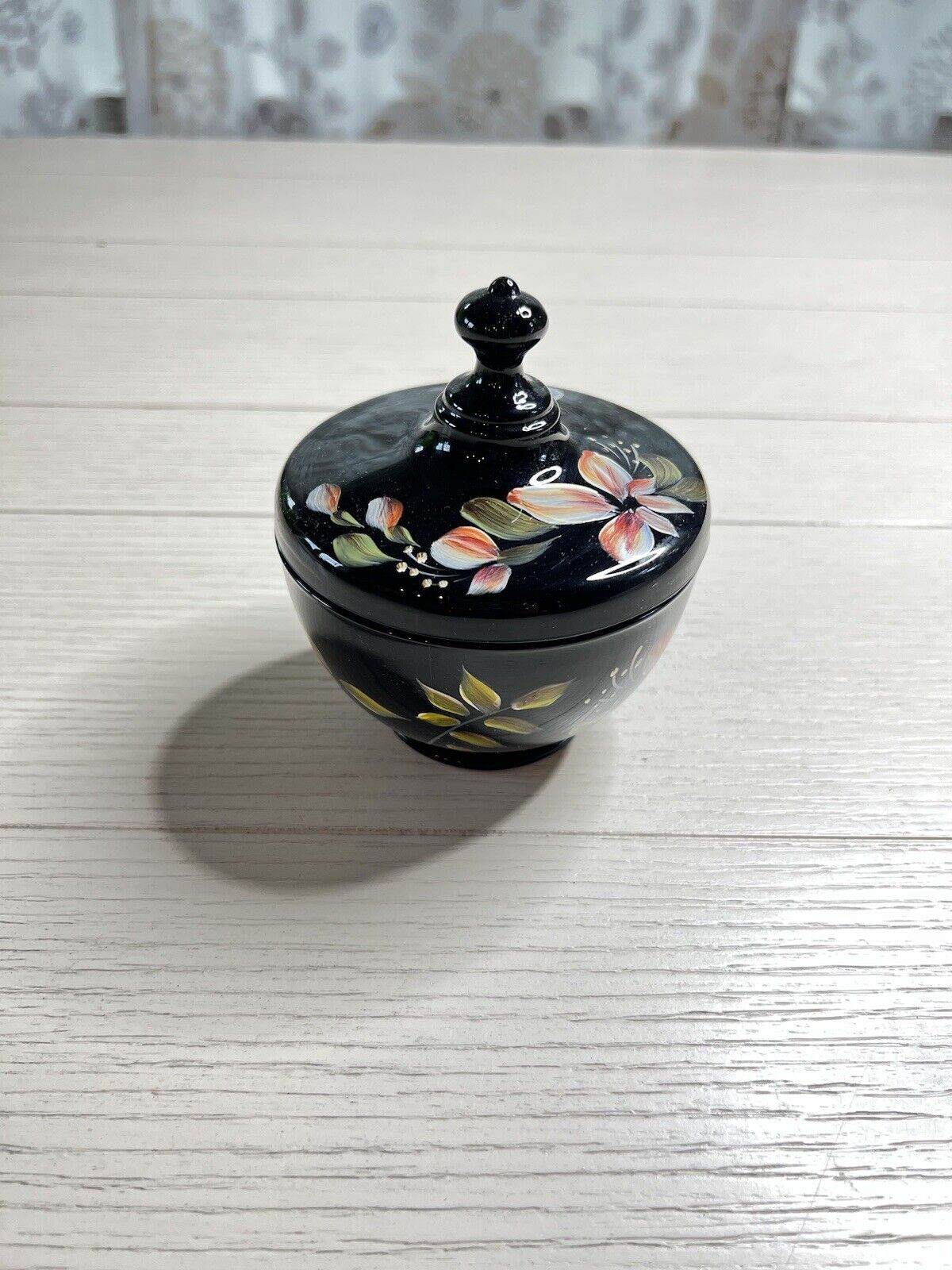 Fenton Hand Painted Black Trinket Dish With Lid Signed 