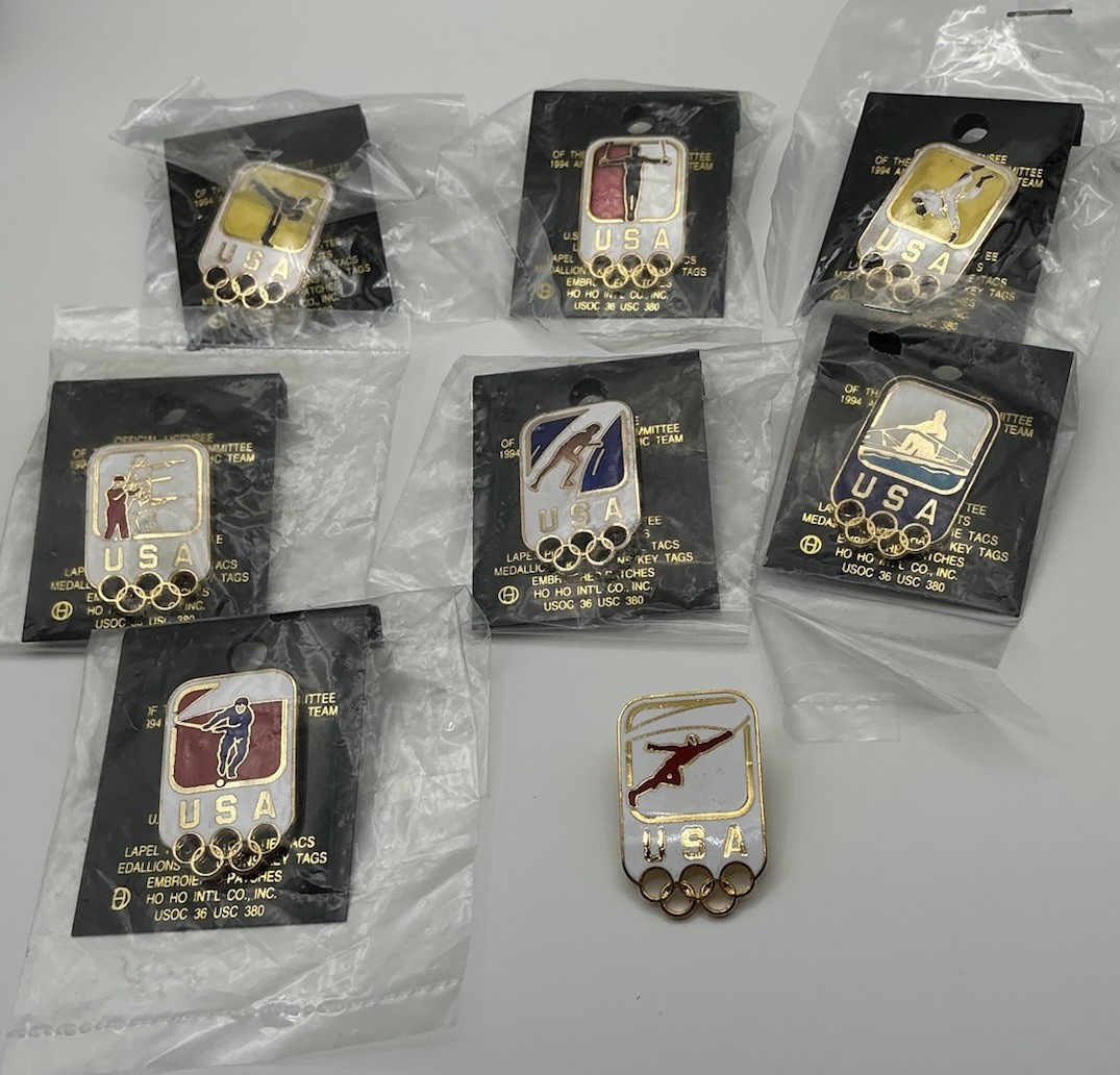 Vintage USA Olympic Team 8 Pin Set Sports Olympic Rings 7 Carded