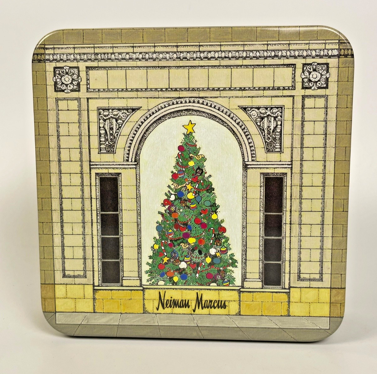Vintage Neiman Marcus Christmas Tree Tin 2001 Holiday Storefront Empty 8 Inch