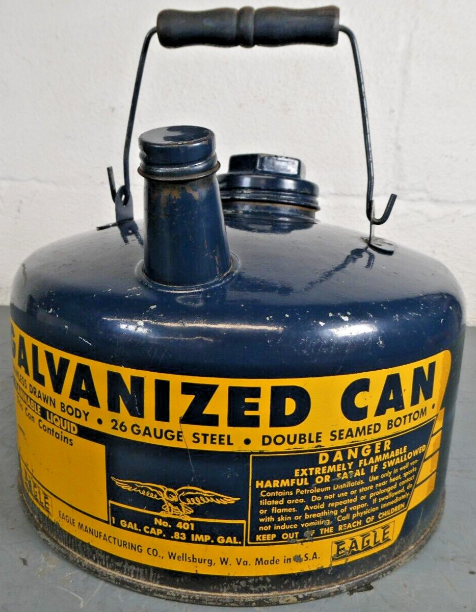 Vintage Eagle Model 401 Empty Galvanized Blue Gas Can - 26 Gauge Steel 1 Gallon