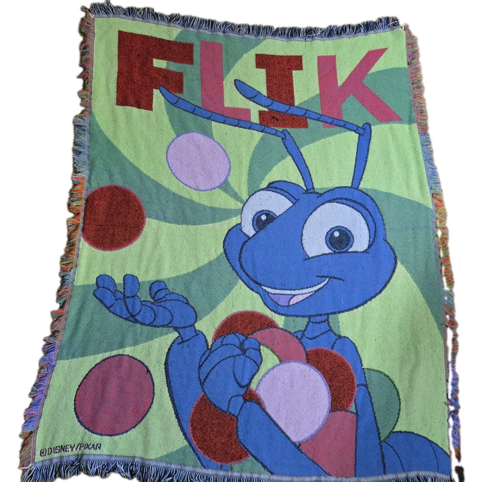 Vtg 1998 Disney Pixar Flik A Bug’s Life Woven Knit Blanket Fringe  44” X 58”