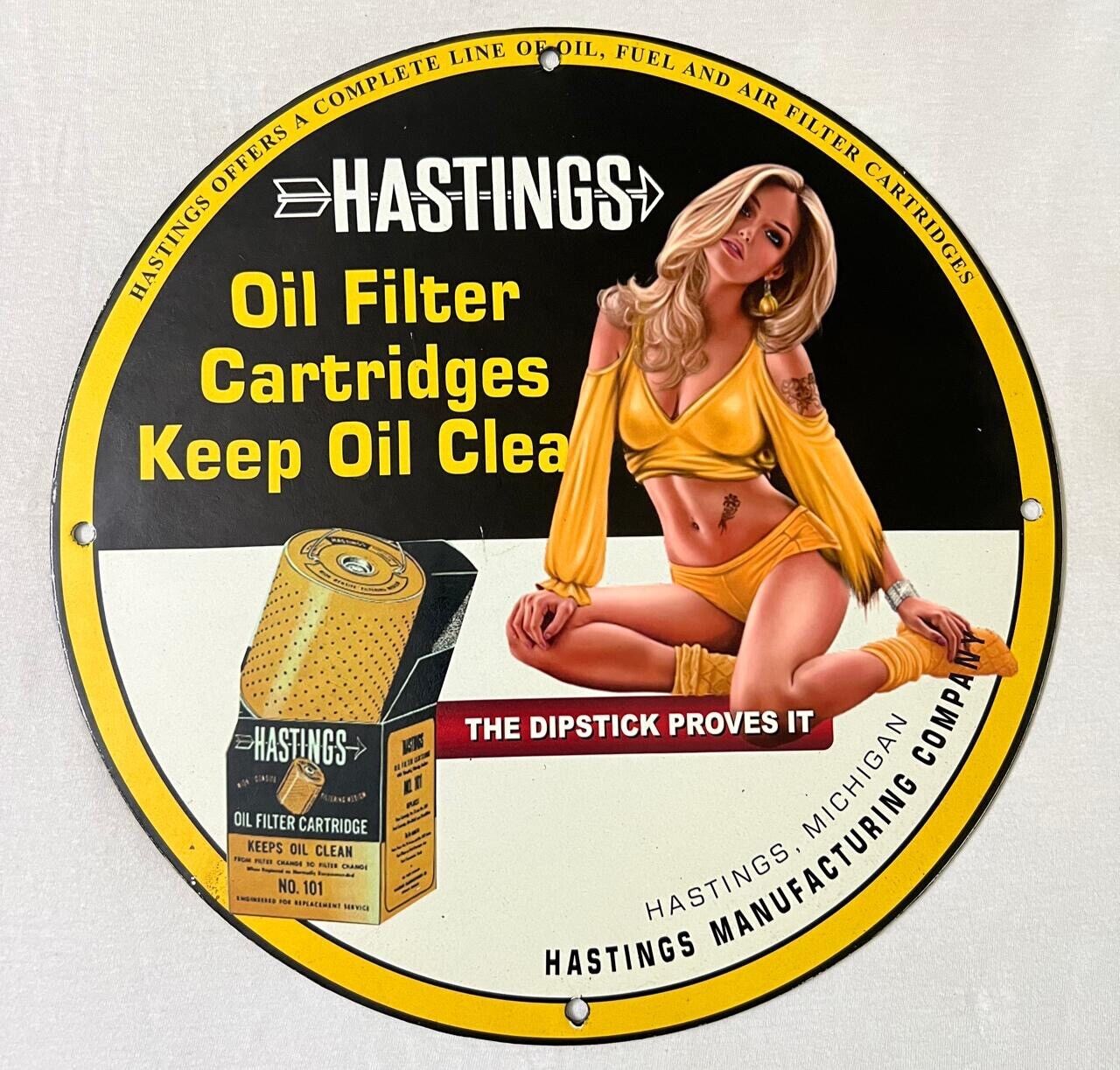 HASTINGS OIL FILTERS CARTRIDGES PORCELAIN PINUP BABE GAS OIL PUMP GARAGE AD SIGN