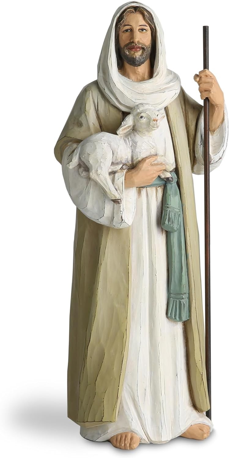 Good Shepherd Jesus Statue Holding Lamb 9.5in Religious Home Decor Figurine