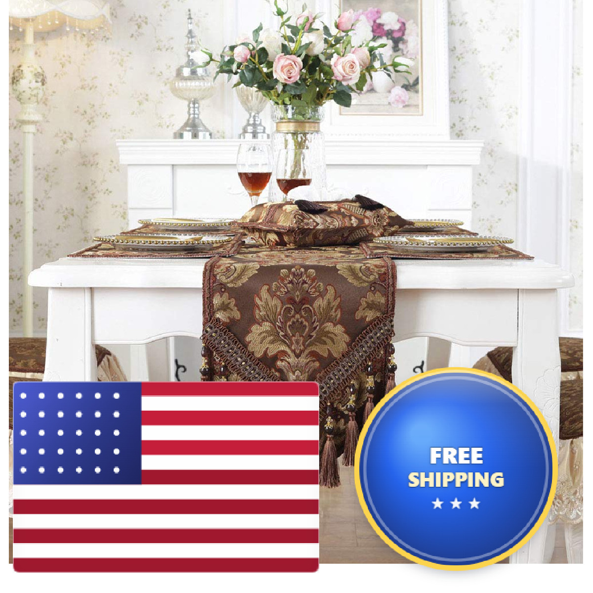 Vctops Vintage Luxury Jacquard Damask Floral Table Runners Tea Table Decoration
