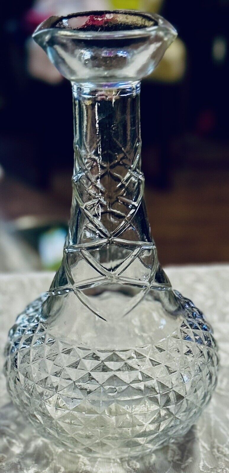 VINTAGE 1956 SMIRNOFF DECANTER Clear Glass Diamond Pattern Genie Bottle