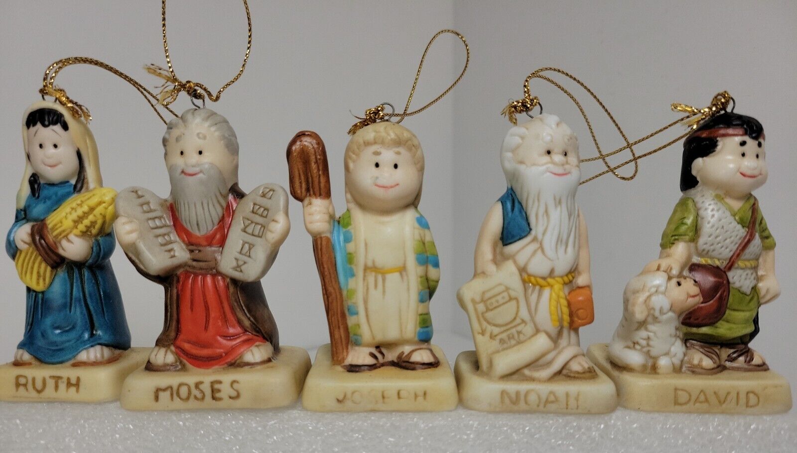 Vintage Biblical Porcelain Christmas Ornaments Ruth Moses Joseph Noah David EUC