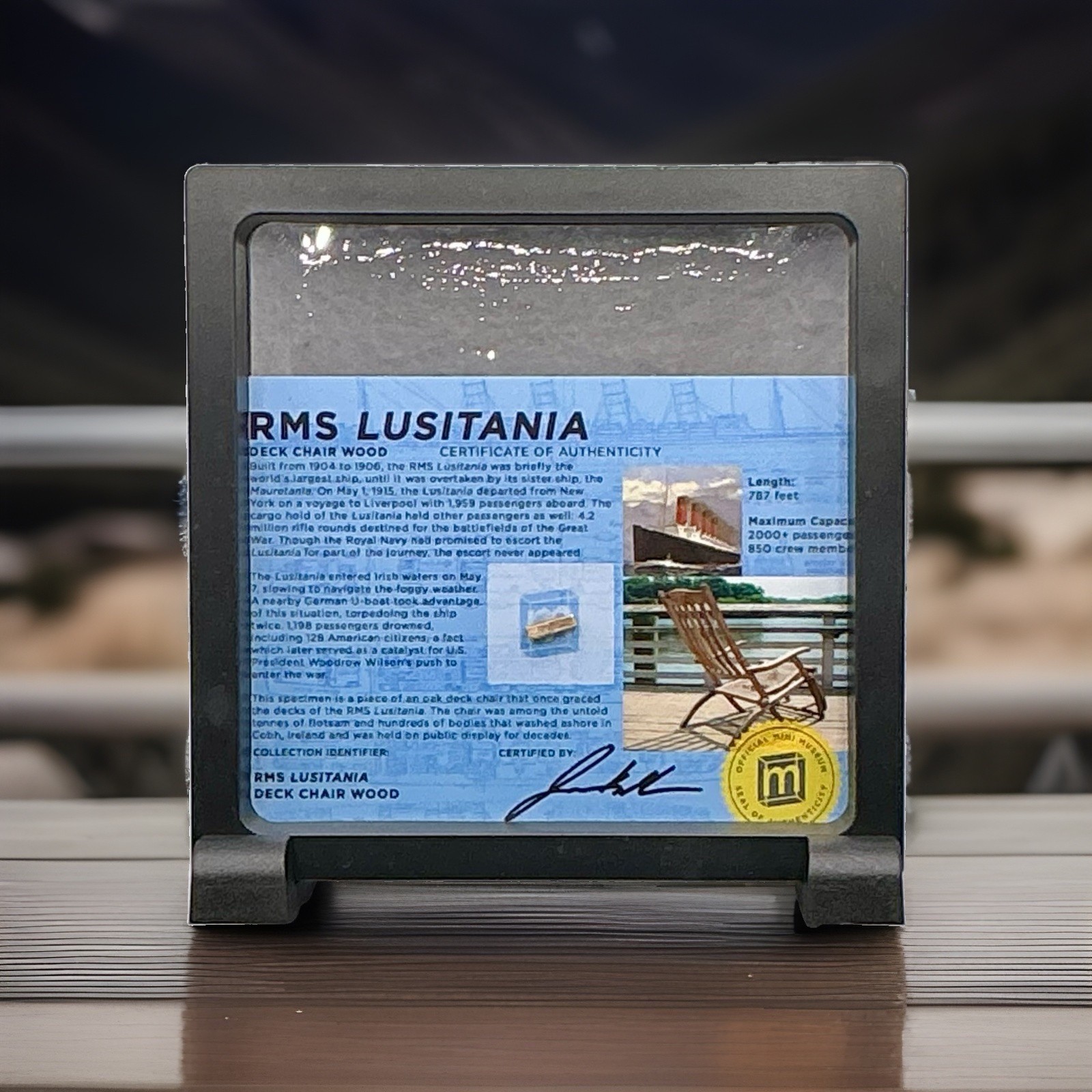 RMS LUSITANIA Deck Chair Wood Artifact Small Specimen In Display With COA 