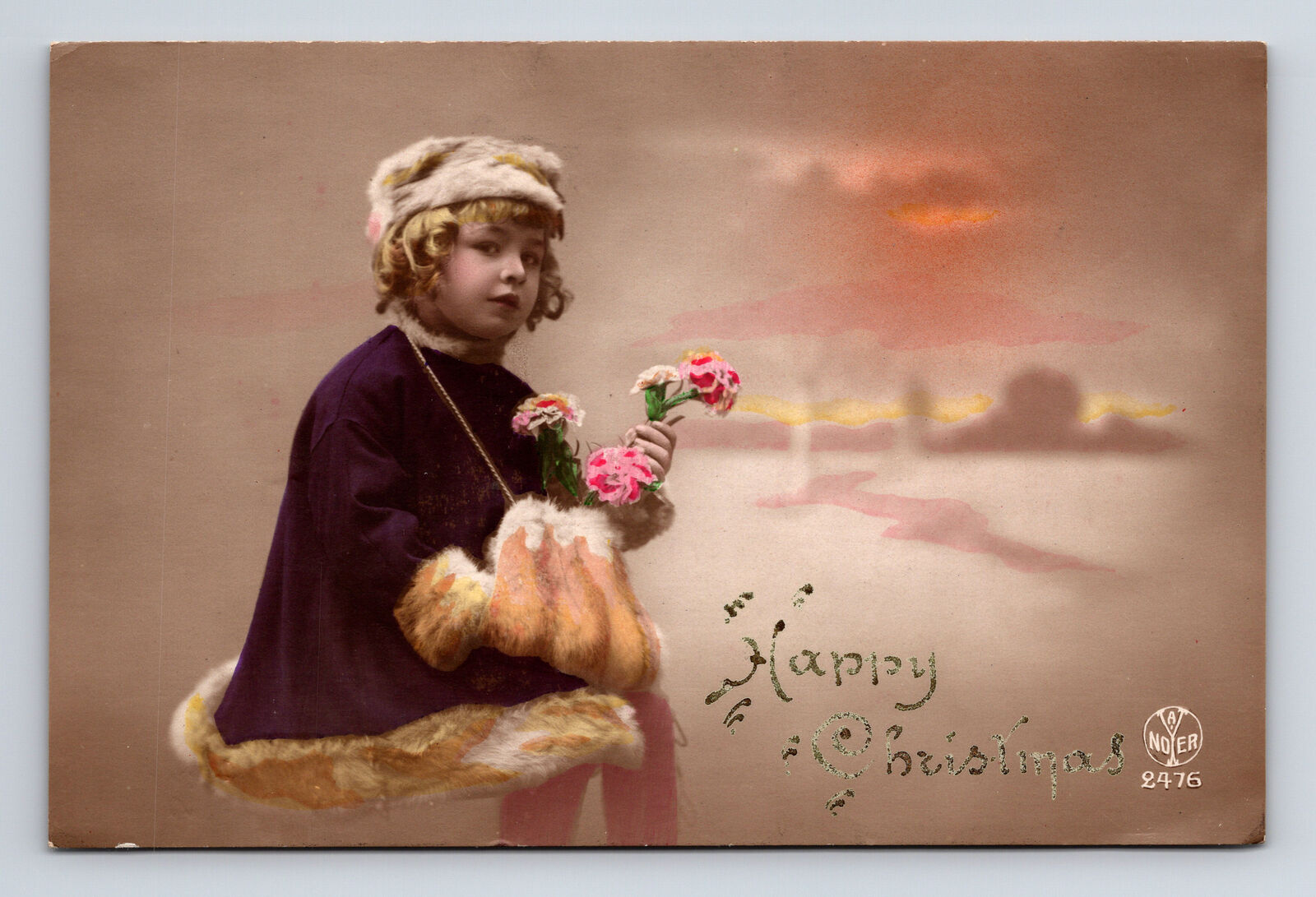 Alfred Noyer RPPC Happy Christmas Girl Fur Lined Coat Carnation Flowers Postcard