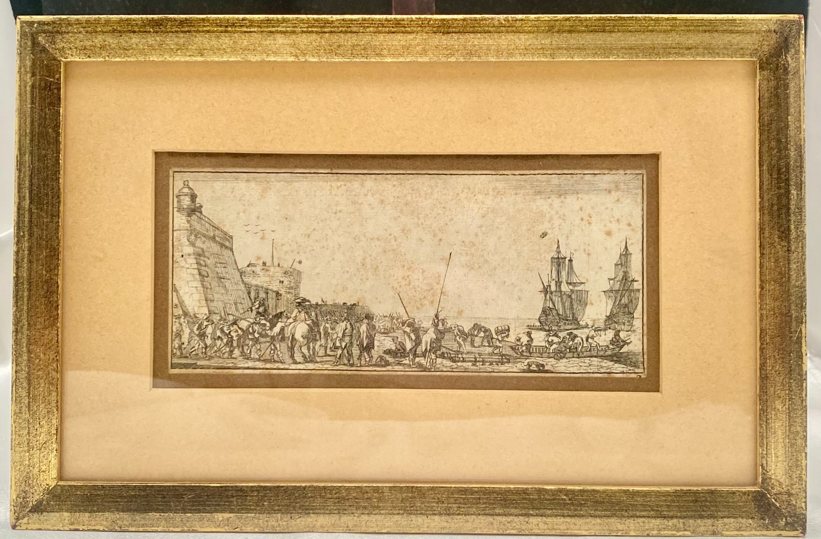 ANTIQUE STEFANO DELLA BELLA ETCHING, SOLDIERS AT A PORTSIDE BOARDING, FRAMED g