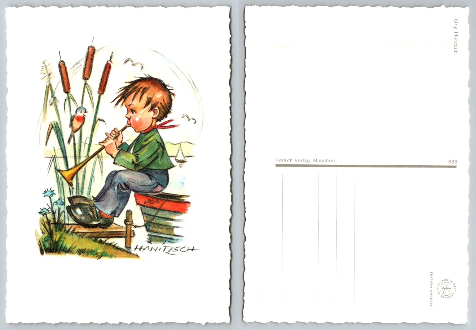Vintage Korsch Verlag Hanitsch Boy Playing Horn Bird Cattails Postcard