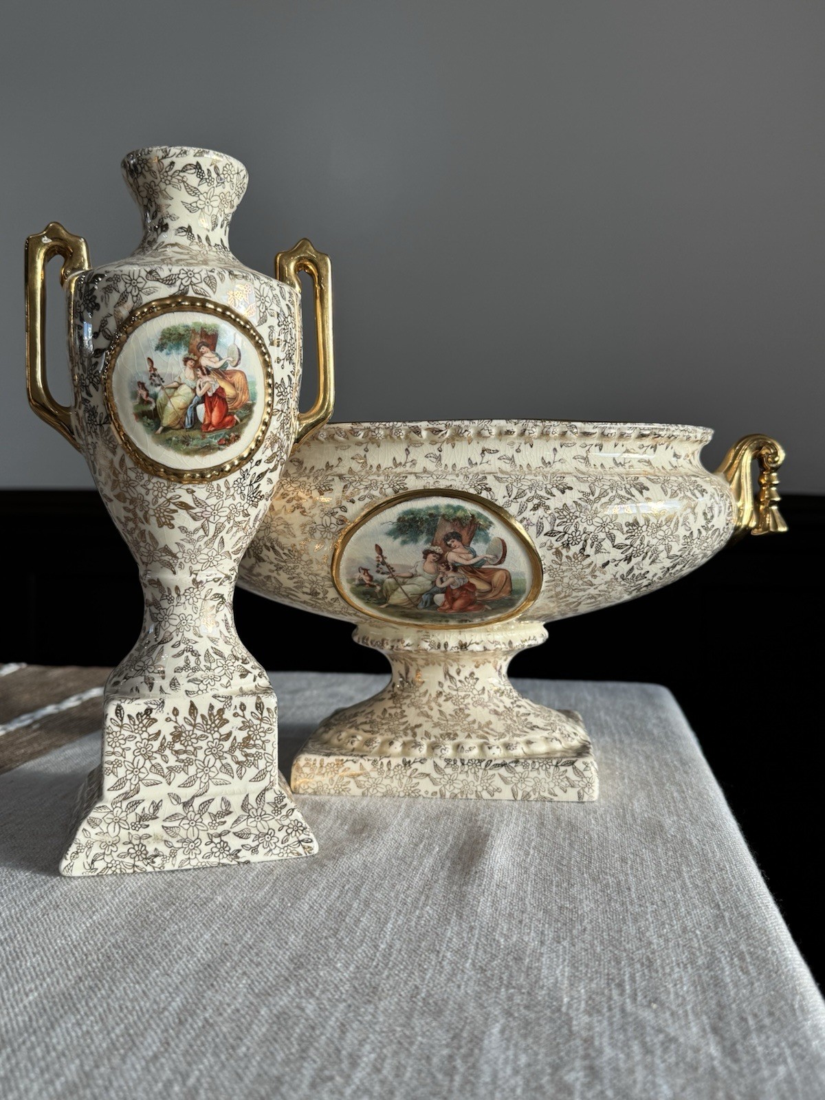 Vintage Empire England Shelton Ivory Porcelain Vase & Pedestal Dish Set Gold