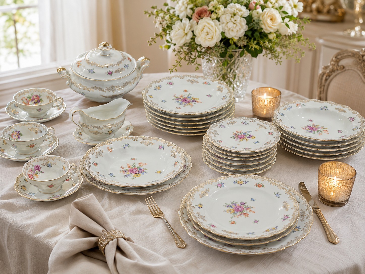 Bavaria Schumann Germany “US Zone” Empress Dresden floral gold trim dinnerware 