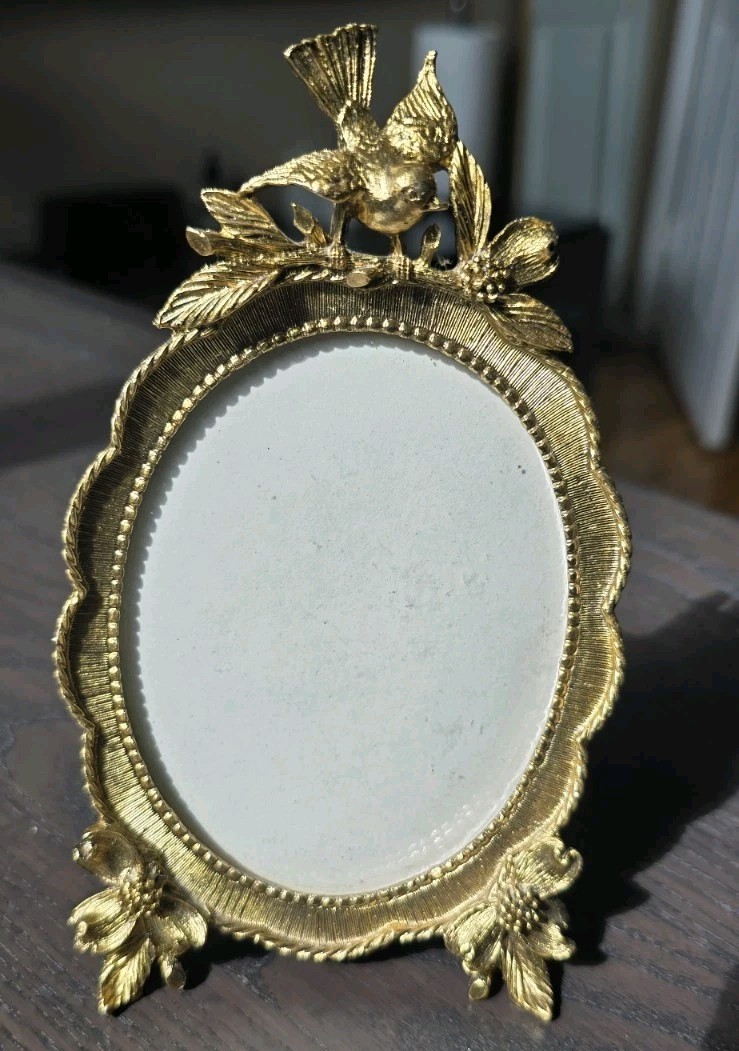 Vintage Matson Ornate Gold Bronze Bird Oval Photo Frame  Signed