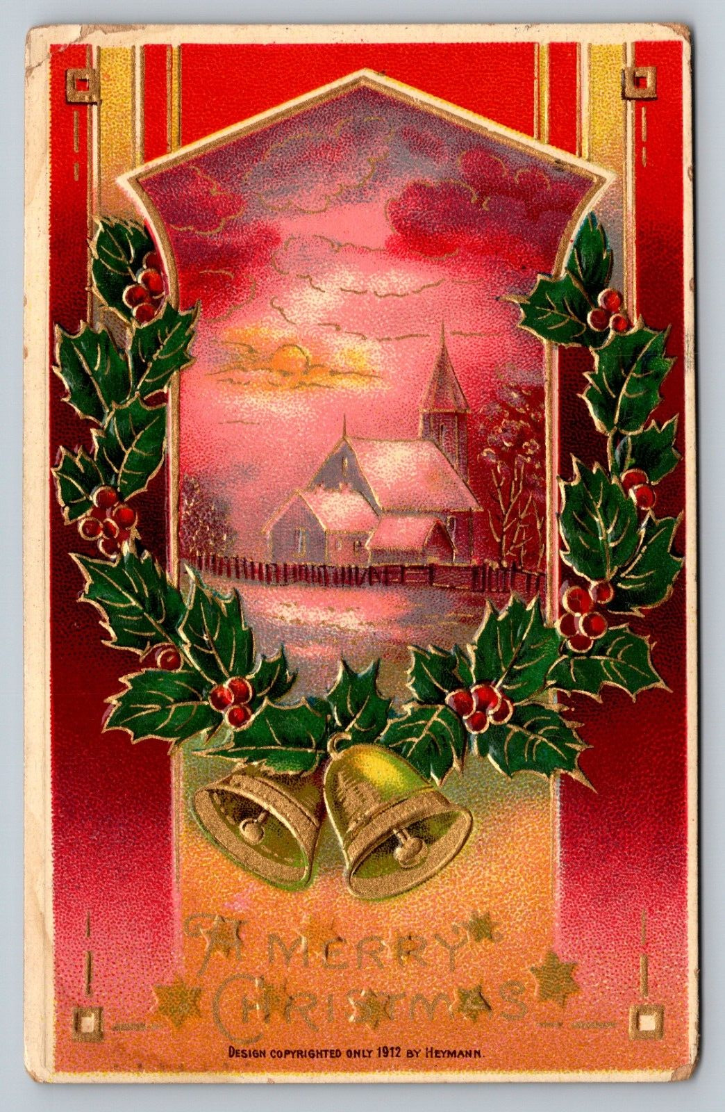 Postcard hey Merry Christmas winter scene holly bells vibrant Christmas