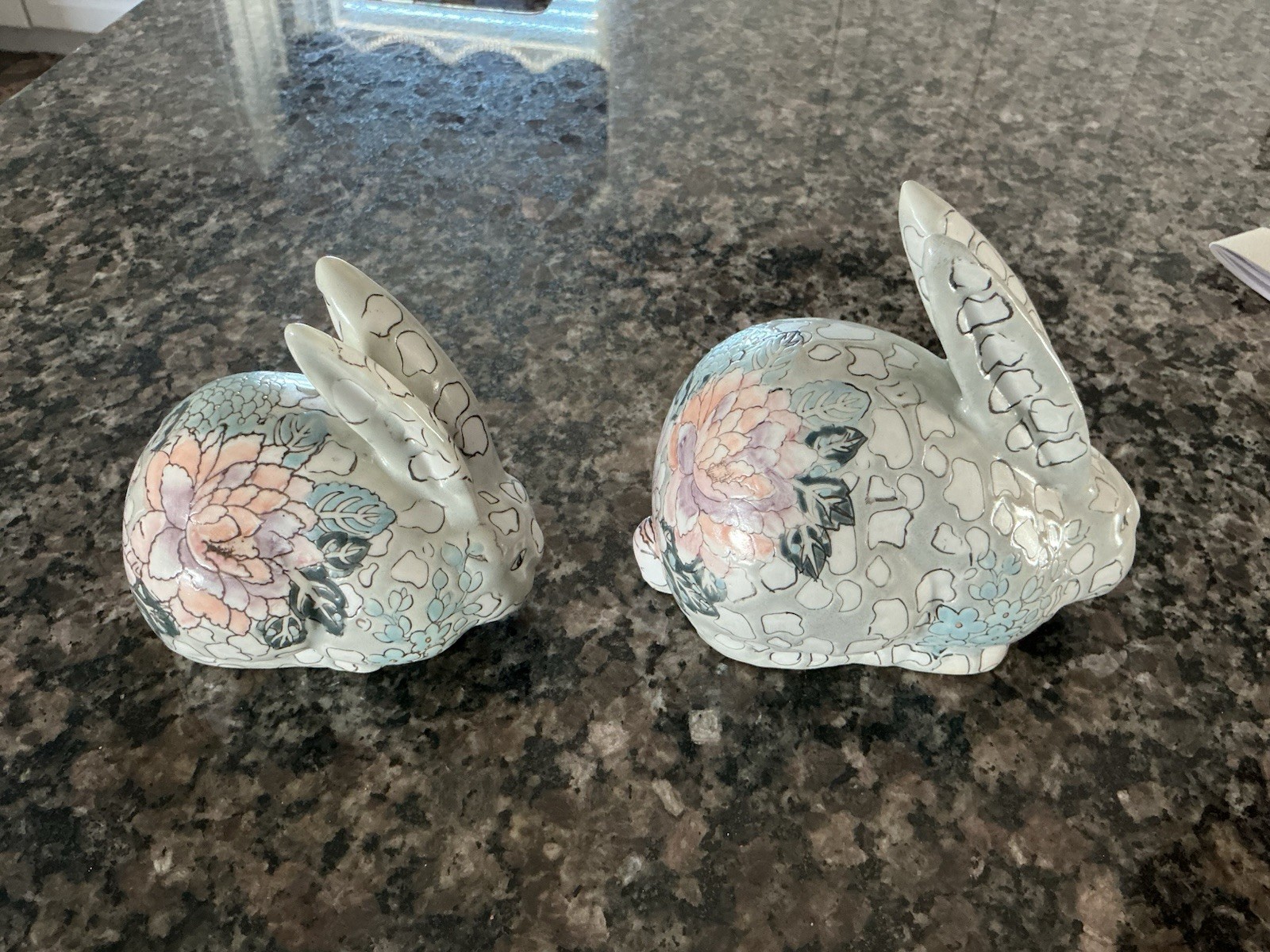 Pair of Vintage Ceramic Rabbit Figurines with Floral Pattern, Red Marks on Base